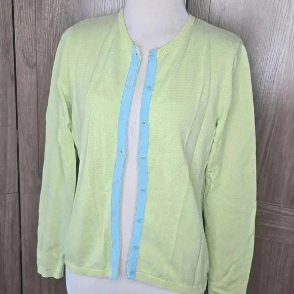 Cardigan Womens Lime Green Cardigan with Blue Trim - Picture 2 of 7